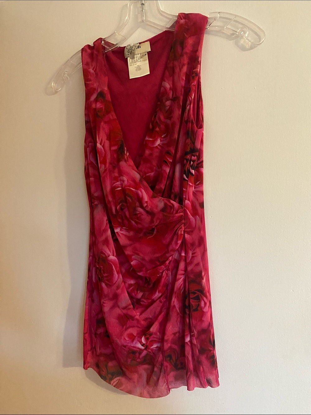 Fuzzi Sleeveless Red Floral Faux Wrap with Ruching Sleeveless Top